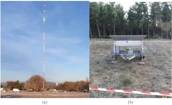 Figure 2.3: a: The site of the 30 meter ﬂux tower at M30 and b: the Sodar at VER.