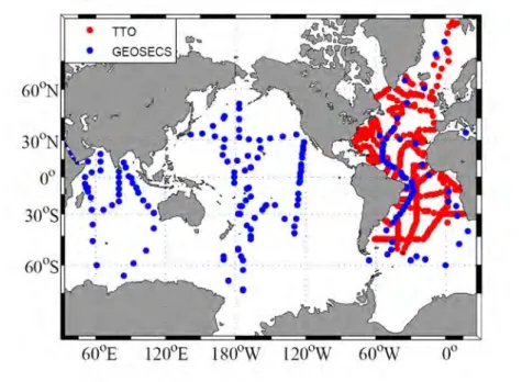 Figure 1.1  Position des stations échantillonnées pendant le programme GEOSECS (1972-1978) en bleu et le programme TTO (1981-1983) focalisé sur l'Océan Atlantique en rouge.