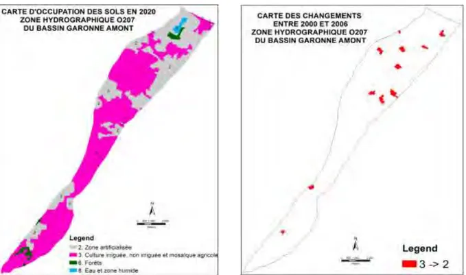 Figure II.1.13 : Carte d’occupation du sol MAELIA de la ZH_O207 en 2000 (à gauche) et  carte des changements d’occupation du sol entre 2000 et 2006 (à droite) 