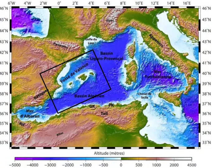 Figure  0.  1 :  Carte  bathymétrique  du  domaine  méditerranéen  occidental.  Le  rectangle  noir  montre la zone d’étude