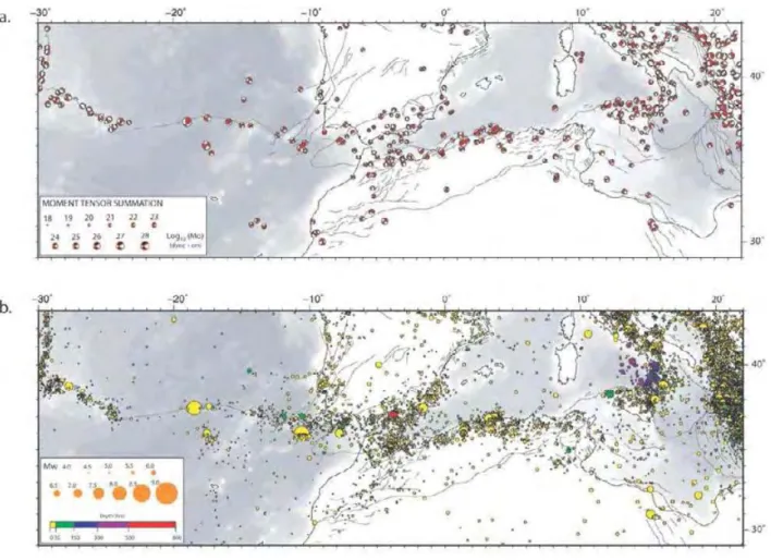 Figure  I.  5:  Mécanismes  au  foyer  et  carte  de  sismicité  de  la  région  ouest  méditerranéenne  (Serpelonni et al., 2007)