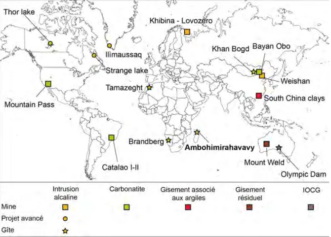 Fig. 1.5.: Localisation des principaux gisements de terres rares exploités dans le monde