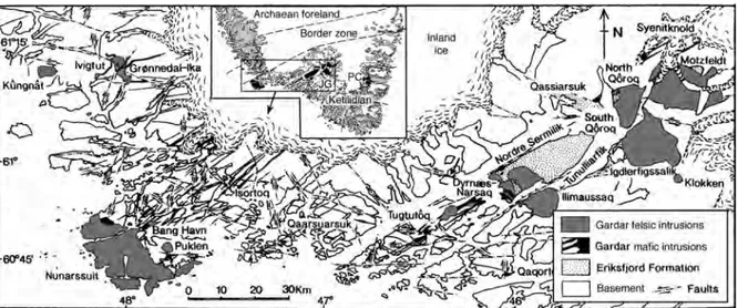Fig. 2.1.: Carte géologique schématique de la province du Gardar et de ses principaux