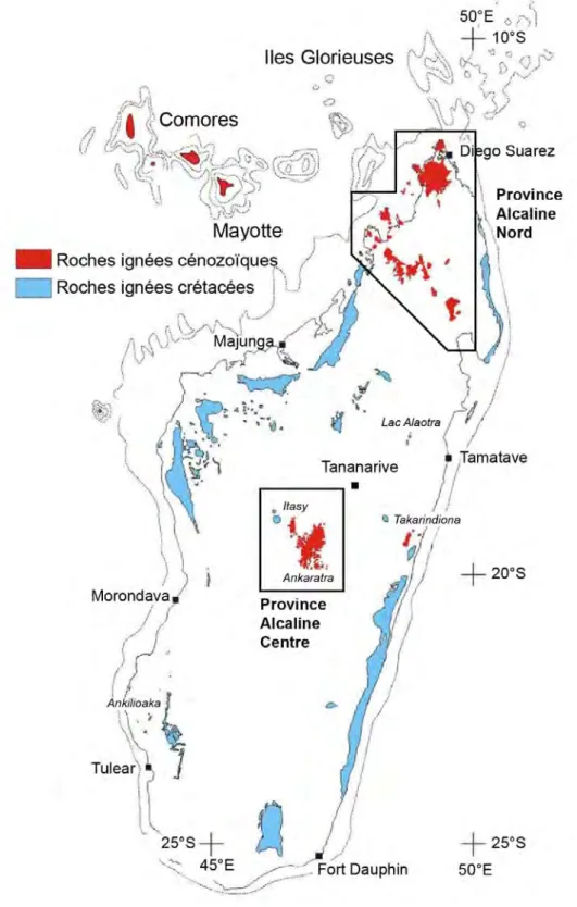 Fig. 4.4.: Carte géologique schématique montrant la répartition des roches ignées crétacées