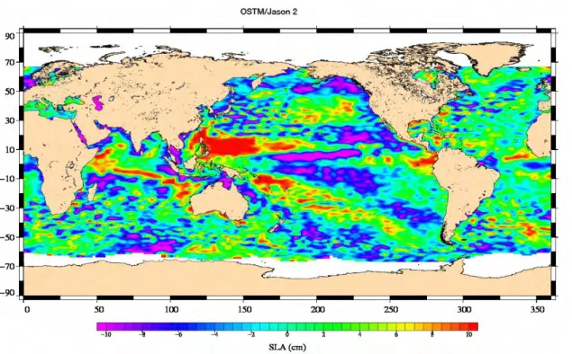 Figure 2 : Estimation des anomalies de hauteur de mer entre le 4 et le 14 juillet 2008  (SLA)  réalisée grâce au données  Jason-2 (source : CNES)