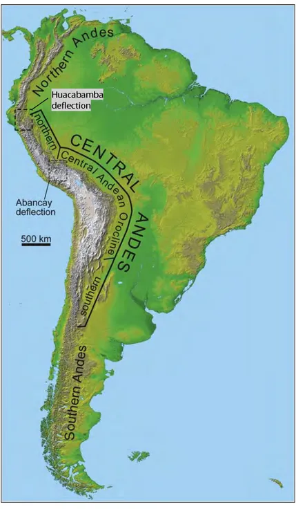 Figure  I.1.  Carte  du  continent  sud-américain  et  dénomination  des  différentes  parties  des  Andes