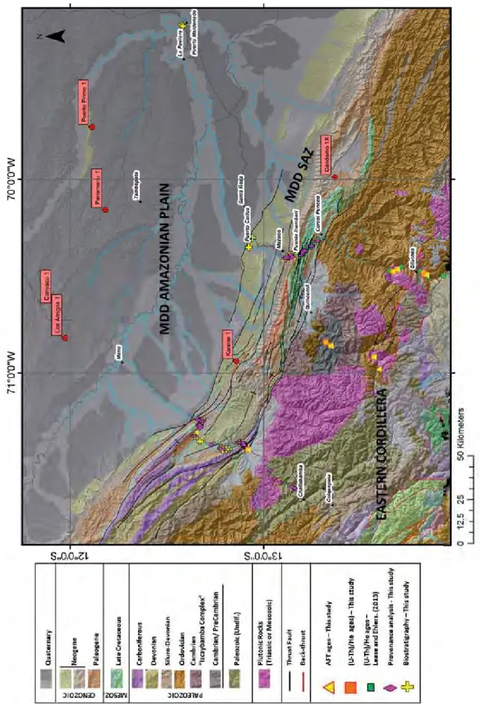 Figure 4: Geological map focused on the Madre de Dios (MDD) area. Main samples used in this study are displayed (sedimentary  provenance, biostratigraphy, thermochronology)