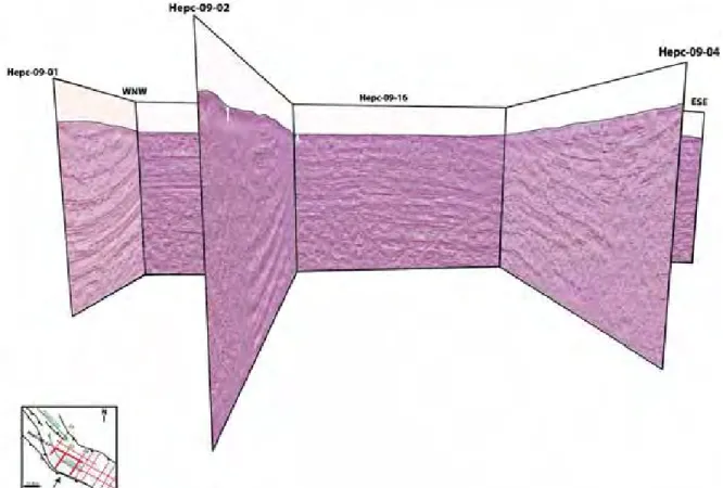 Figure 33: 3D view of interpreted seismic sections Hepc-09-01, Hepc-09-02 and Hepc-09-16