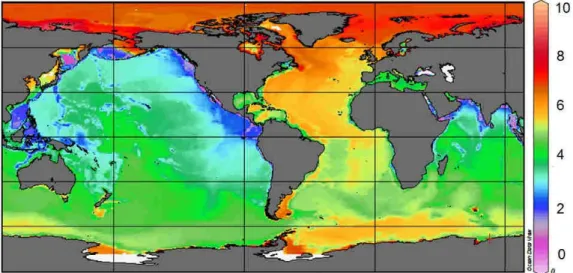 Figure II-8. Distribution des concentrations d’oxygène (ml/L) au fond des océans tracé à partir des  données  WOCE Global Hydrographic Climatology .