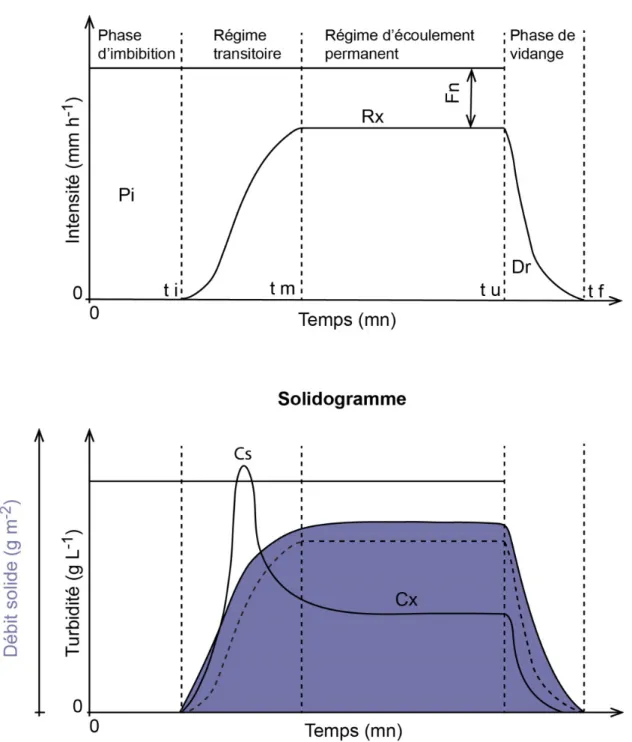 Figure 15. Hydrogramme et solidogramme « théoriques » définis par Collinet and Valentin 