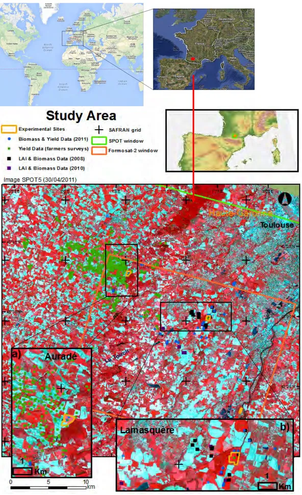 Figure  2.1‐  General  map  of  the  study  area  and  the  location  of  the  experimental  sites,  intensive field campaigns, SAFRAN meteorological grid and extent of the satellite images. 