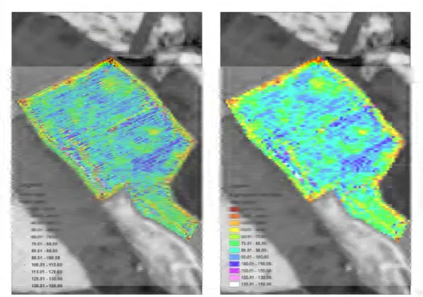 Figure 2.18‐ Example of yield map produced by the yield monitor (left). Measurement points  are  irregularly  distributed  and  separated  by  approximately  1.5m  or  2m.  On  the  right,  the  yield  values  are  averaged  in  order  to  have  aggregated  maps  with  10m  pixels  resolution  (equivalent to SPOT5 pixels resolution).  