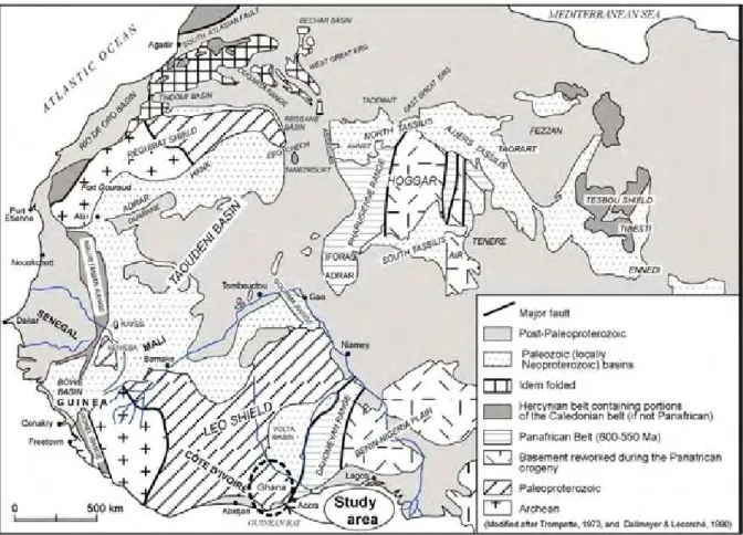 Figure 2.20 : Carte géologique simplifiée des terrains d’Afrique de l’Ouest. Dans le précambrien, on  distingue le domaine archéen (Libéria, Guinée et Sierra Léone) du domaine birrimien (Feybesse et al.,  2006)