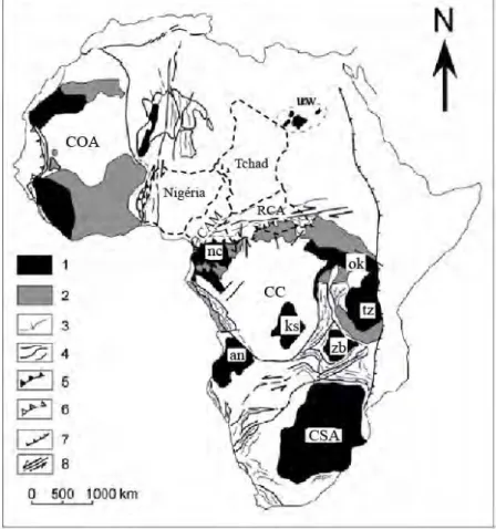 Figure 1.1. Schéma d’ensemble des cratons et des zones mobiles d’Afrique (d’après Goodwin, 1996,  modifié)