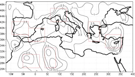 Fig. 1.1 – Occurrence moyenne de cyclogénèses en Méditerranée (événements par an, iso-
