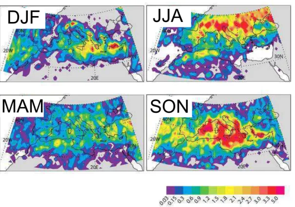 Fig. 1.2 – Variabilité spatiale saisonnière des HPE sur la zone méditerranéenne sur la pé-