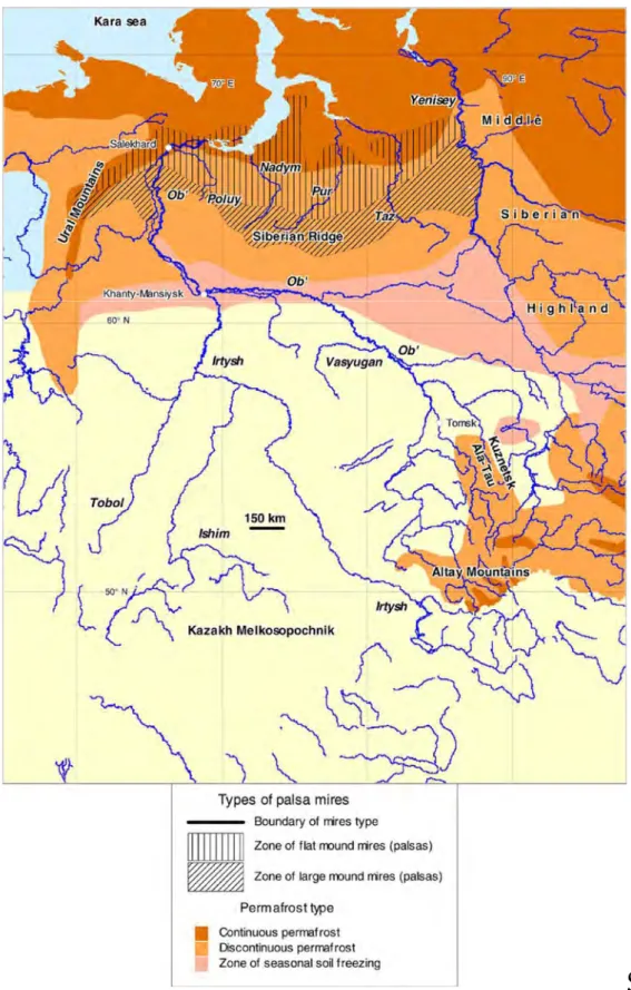 Figure  1.  General  map  of  the  Western  Siberian  Plain,  Western  Siberia  palsa  mire  types  (after  Mires  of  Western  Siberia,  1976  [1])  and  zones  of  permafrost  type  (after  Kondratyev  and  Kudryavtsev, 1981)