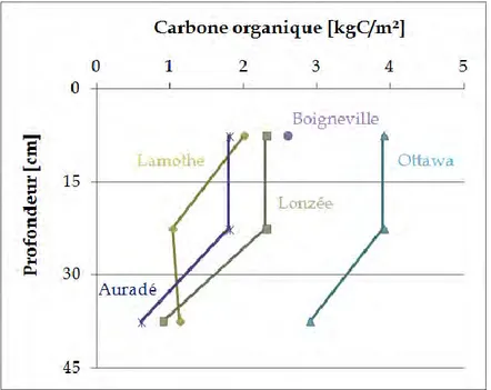 Figure II-10 : Quantité de carbone organique présente dans les différents horizons de sol des différents sites  d'études