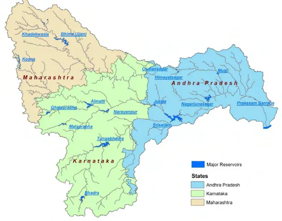 Figure 3.5: Krishna River Basin highlighting major reservoirs (Source: IWMI)  The  river  basin  is  relatively  flat,  except  for  the  Western  Ghats  and  some  forested  hills in the centre and northeast