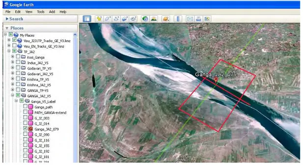 Figure 4.1: Virtual Station:  red rectangle is selection window, red line is flow direction  and green line is satellite pass