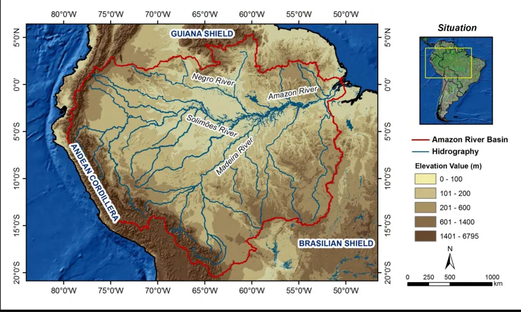 Figura 5  – Mapa localização da bacia hidrográfica do rio Amazonas, seus principais rios e unidades geomorfológicas