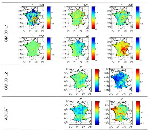 Fig. 8. Regression coefficients of satellite vs. ISBA-A-gs SSM in 2010: (top) SMOS-L1 with Eq