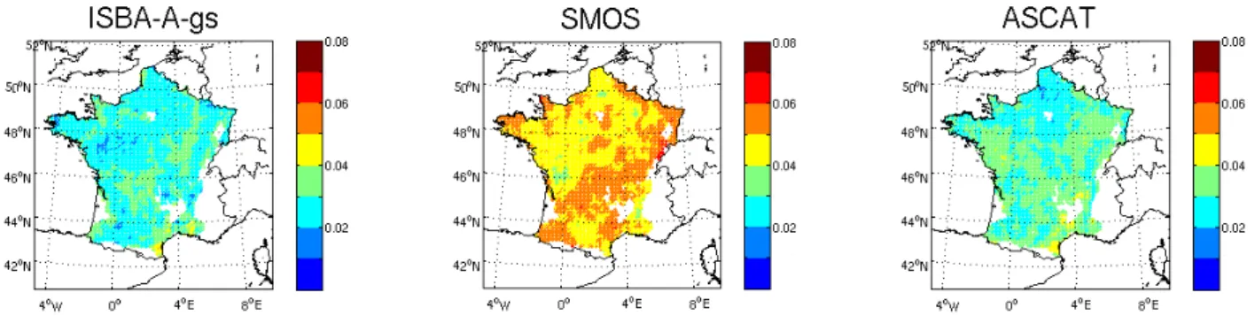 Figure 2.17 – Erreurs relatives de SMOS-L2, ASCAT et l’humidité du sol simulée par