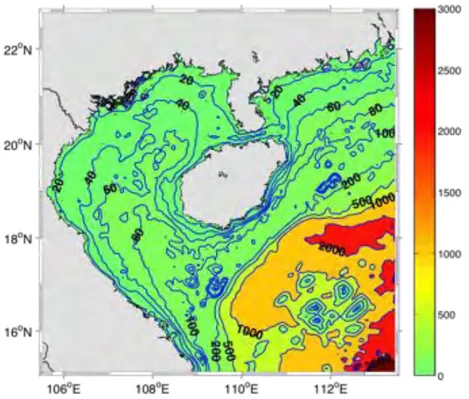 Figure 1.2: Map shows the major topographic features of the Gulf of Tonkin: Isobaths  are in meters (m)