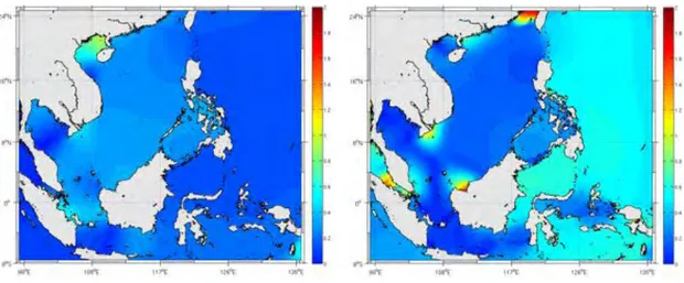 Figure 1.3:  Amplitude in meter of O1 (left) and M2 (right) tides in the Vietnam East  Sea/South China Sea, from the global tidal solutions FES2004 (Lyard et al., 2006)  Vietnamese scientists, e.g., Nguy!n Ng&#34;c Th#y (1984), have also studied tides in  