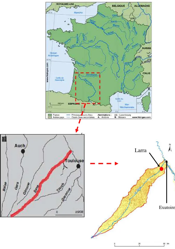 Figure  21 :  Carte  des  grands  bassins  fluviaux  français,  positionnement  de  la  Garonne  et  de  son affluent : la Save