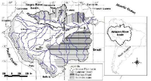 Figura 3.6 – Sub-bacia do rio Negro e principais domínios geológicos da bacia Amazônica (Fonte:  GETIRANA 2009)  