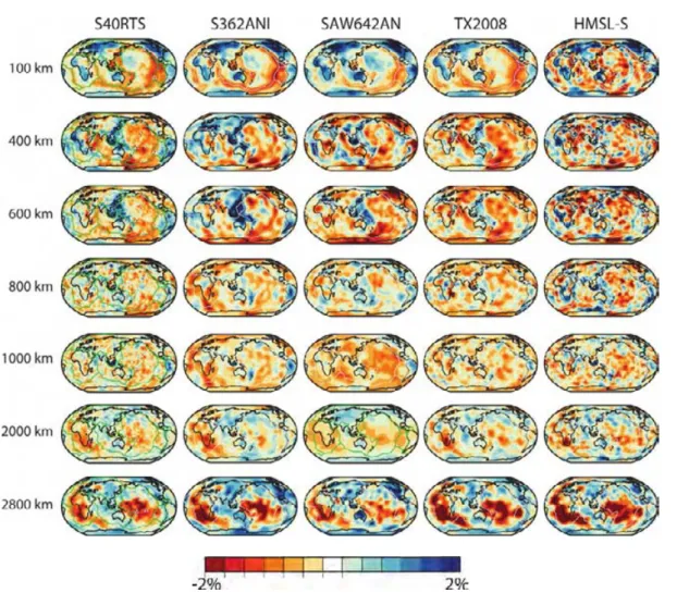 Figure 1.2 – Comparaison d’images tomographiques en ondes S à différentes profondeurs