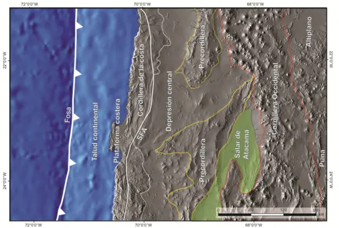 Figura  1.3.  Dominios  morfoestructurales  del  antearco  del  norte  de  Chile  entre  ~21°S  y  ~25°S