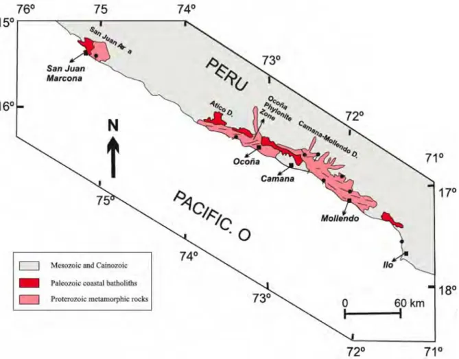 Figure 2.7 – Représentation schématique des principaux domaines du socle d’Arequipa. Extrait de Casquet et al