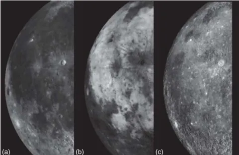 Fig. 1.10 : Images télescopiques photopolarimétriques de la partie ouest de la face visible de la Lune :  (a) albédo, (b) degré de polarisation, et (c) distribution de la taille caractéristique des particules, les  tons sombres correspondant aux particules