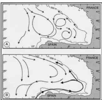 Fig. I.8 - Schéma des courants de surface et de pente, (A) en période estivale et pendant une période de  faible courant de pente, et (B) en période hivernale avec une forte intrusion du courant de pente 