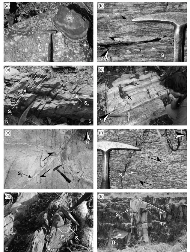 Figure II-4 Field photographs of representative structures: a) tholeiitic basalts with plagioclase megacrysts 