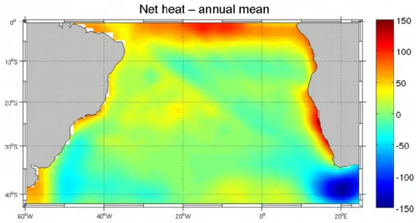 Figure 1.6: Moyenne annuelle du flux de chaleur net à la surface de la mer (W.m -2 ) issu de la  climatologie mensuelle COADS (Da Silva et al., 1994)