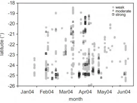 Figure 1.27: Distribution spatiale des éruptions de sulfure pour la première partie de l’année  2004, d’après Ohde et al