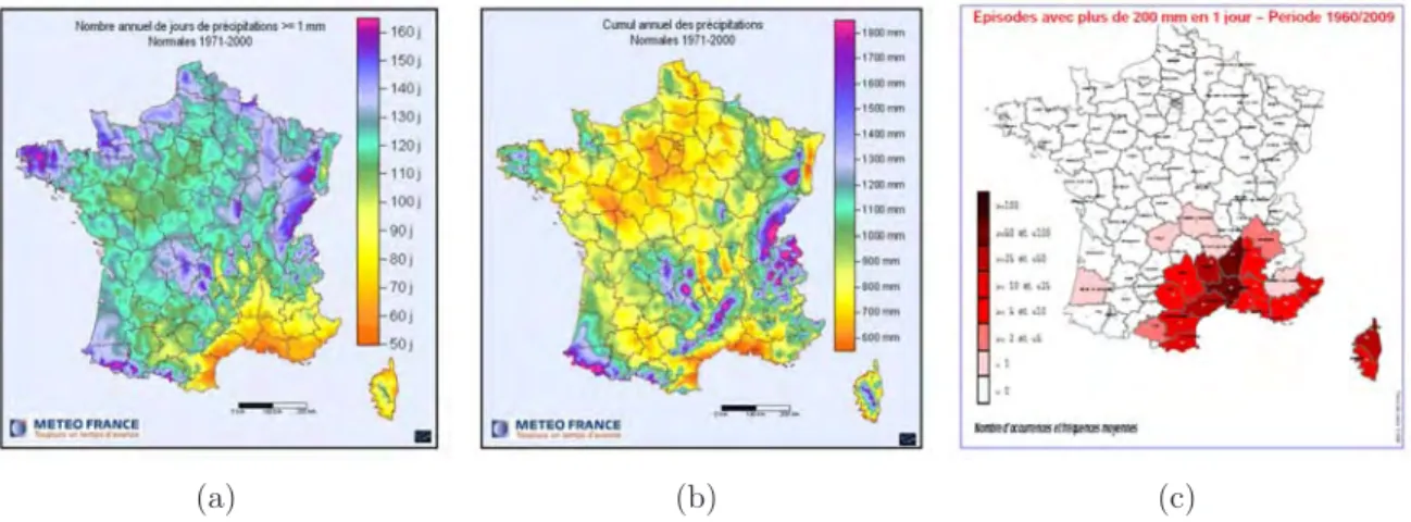 Fig. 1.1 – Pluviométrie en France : moyennes et extrêmes. (a) : Nombre moyen de jours de pluies (cumul