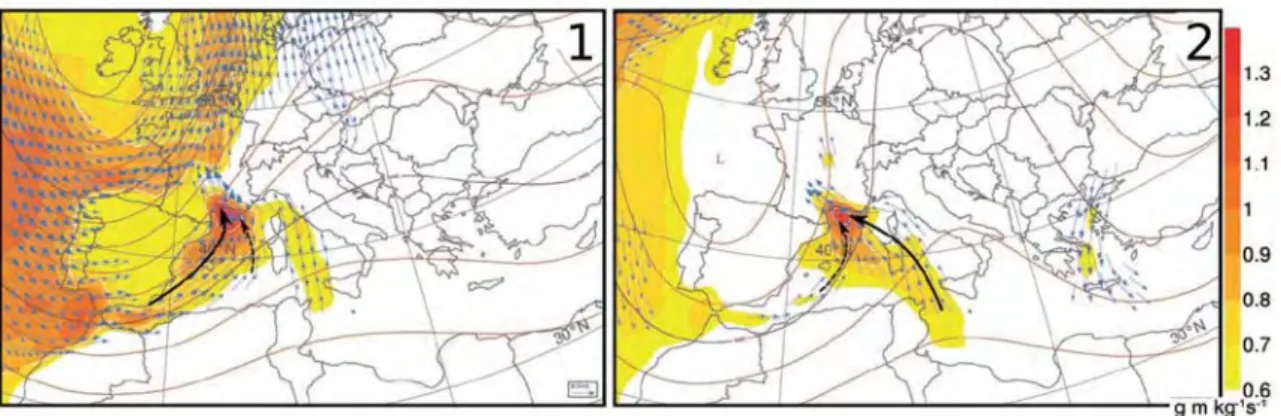 Fig. 1.5 – Situations synoptiques associées aux événements de pluies intenses en Méditerranée : géopo-