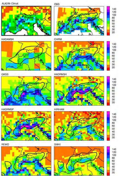 Fig. 3.7 – Pluie quotidienne (mm/jour) automnale de durée de retour 5 ans sur les Alpes : comparaison