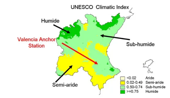 Figure 3.3  La carte des principaux types du climat retrouvés dans la zone du VAS (UNESCO Climatic Index).
