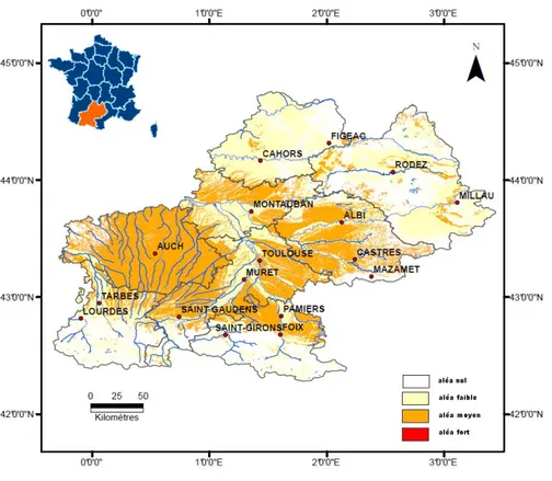 Figure I-4 : Carte de l’aléa retrait-gonflement des argiles pour la région Midi-Pyrénées