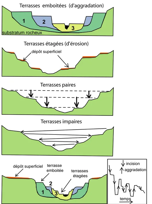 FIGURE 1.12 – Nomenclature et organisation des terrasses alluviales, figure d’après Bur-