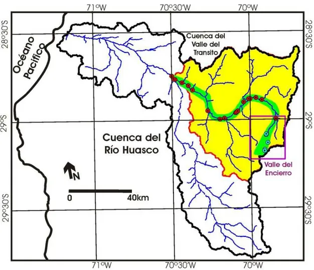 Figura 1.3: Mapa que muestra el área de la cartografía geomorfológica en verde, circunscrita a  la cuenca del Valle del Transito en amarillo