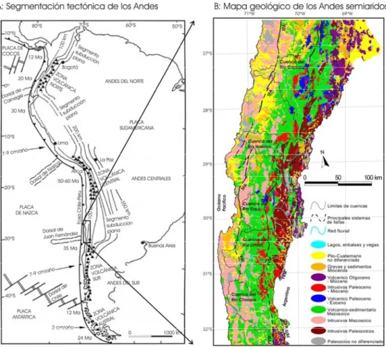 Figura 2.1: (A) Principales rasgos tectónicos y segmentación de los Andes. (B) Mapa geológico  regional de los  Andes semiáridos,  simplificado de Sernageomin (2003)