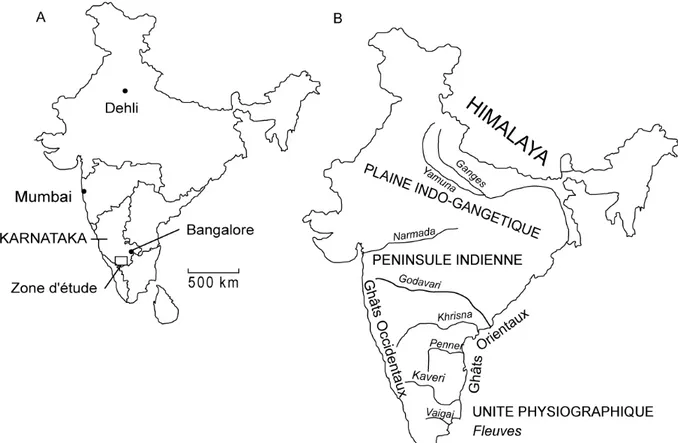 Figure  I2.1:  A)  Carte  administrative  simplifiée  des  états  du  sud  de  l’Inde  et  localisation  de  la  zone  d’étude