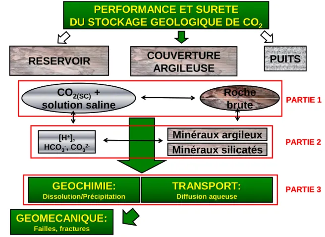 Figure 11  : Démarche scientifique de la thèse dans l’évaluation générale de  performance et de sûreté du stockage géologique de CO2 