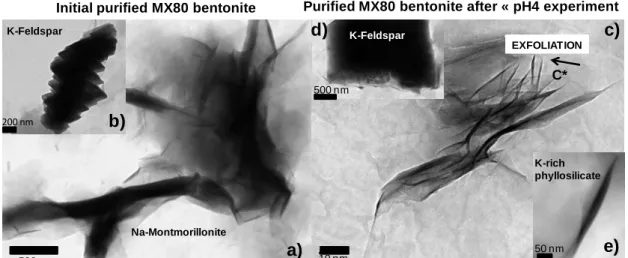 Figure 4: TEM observations of montmorillonite and K-feldspar alteration in initial state (a and  b for montmorillonite and K-feldspar respectively) and after “pH 4 experiment” (c, d and e for  montmorillonite, K-feldspar and secondary K-rich phyllosilicate
